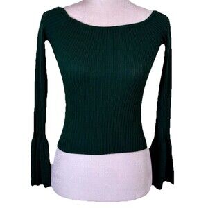 Women's Dark Green Office Siren Ribbed Sweater Top Flared Cuffs Elevated Basic S
